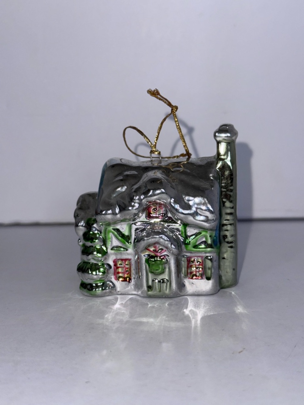 VTG Ceramic Christmas Village House Ornament - Silver Metallic Glaze Cottage
